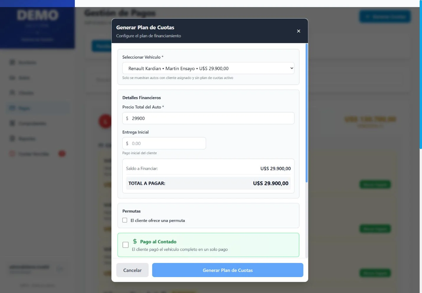 Resumen demostrativo de una financiación con cuotas y datos ficticios