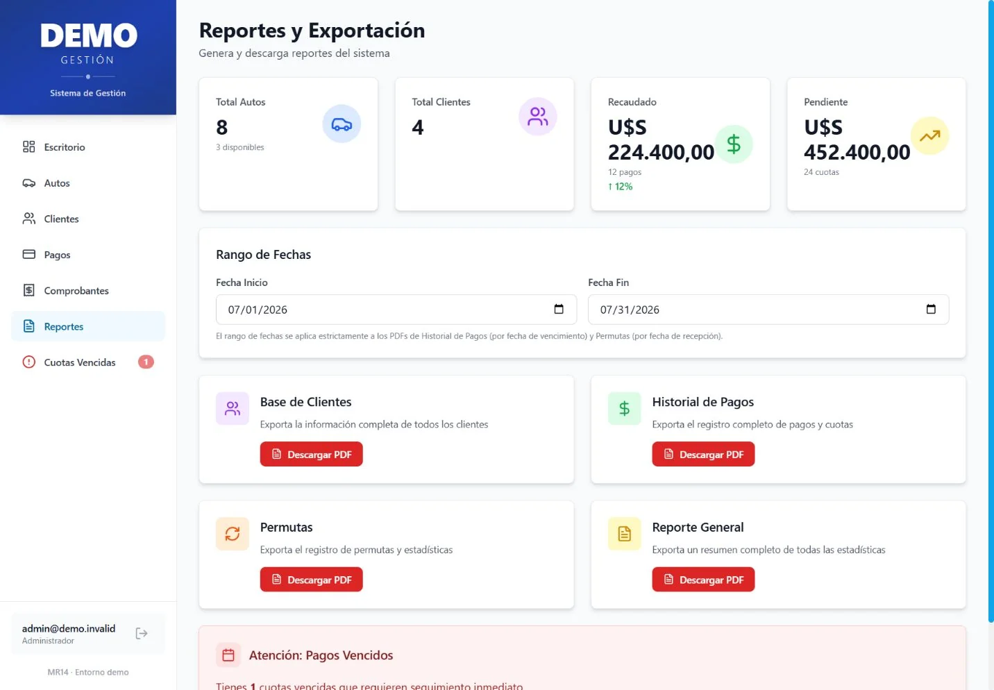 Reportes administrativos con filtros y datos ficticios
