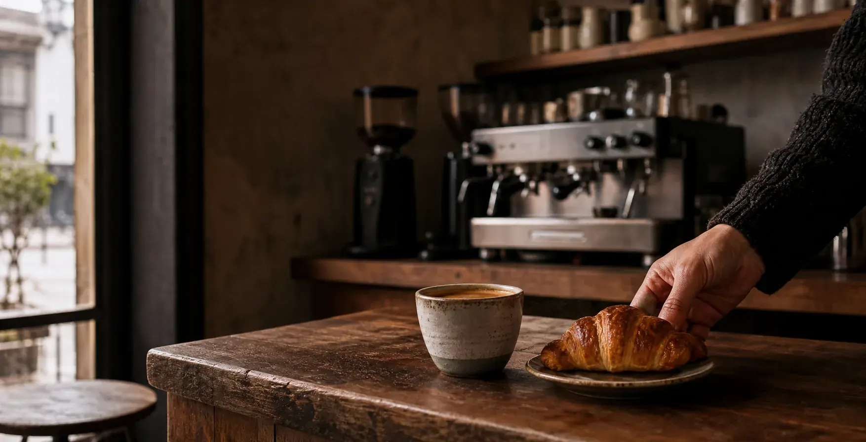 Barista preparando café de especialidad sobre una barra de piedra